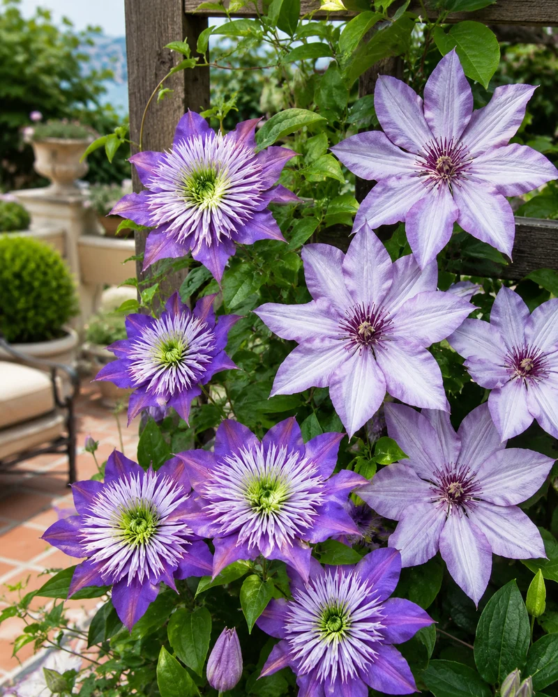Clématites Crystal Fountain™ et Samaritan Jo™ ( Clematis ‘Evipo038’ et Clematis ‘Evipo075’)