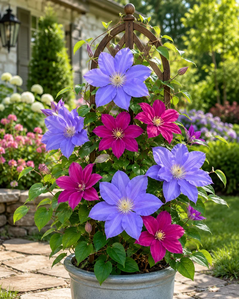 Clématites Acropolis™ et Diana’s Delight™ ( Clematis ‘Evipo078’ et Clematis ‘Evipo026’)
