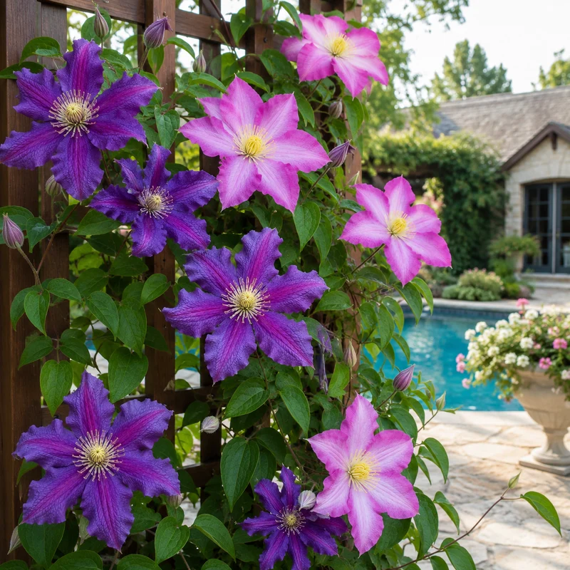 Clématites ‘Jackmanii’ et Pink Champagne ( Clematis ‘Jackmanii’ et Clematis ‘Kakio’)