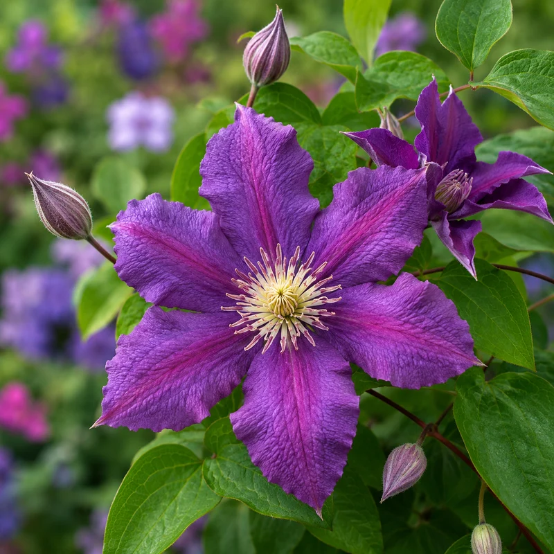 Clématites ‘Jackmanii’ et Pink Champagne ( Clematis ‘Jackmanii’ et Clematis ‘Kakio’)