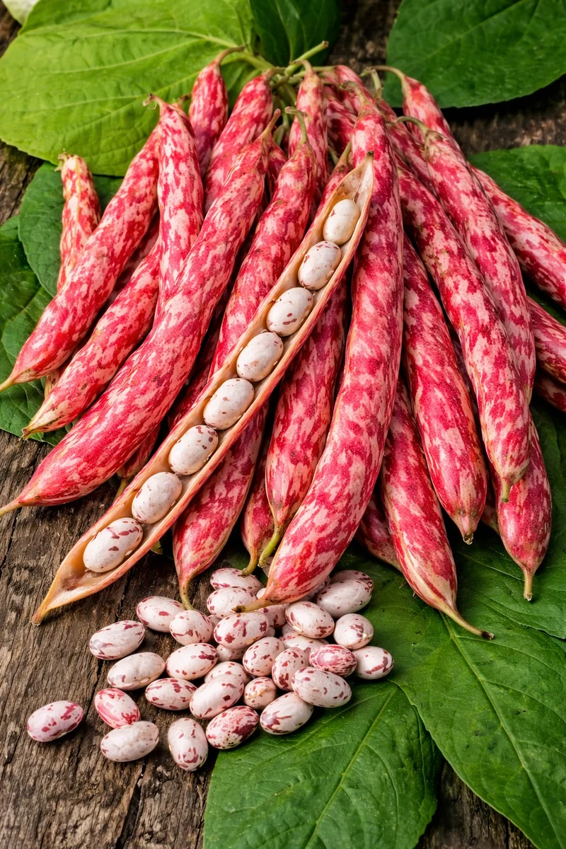 Haricot nain 'Romano Fire Tongue Borlotto' (Phaseolus vulgaris)
