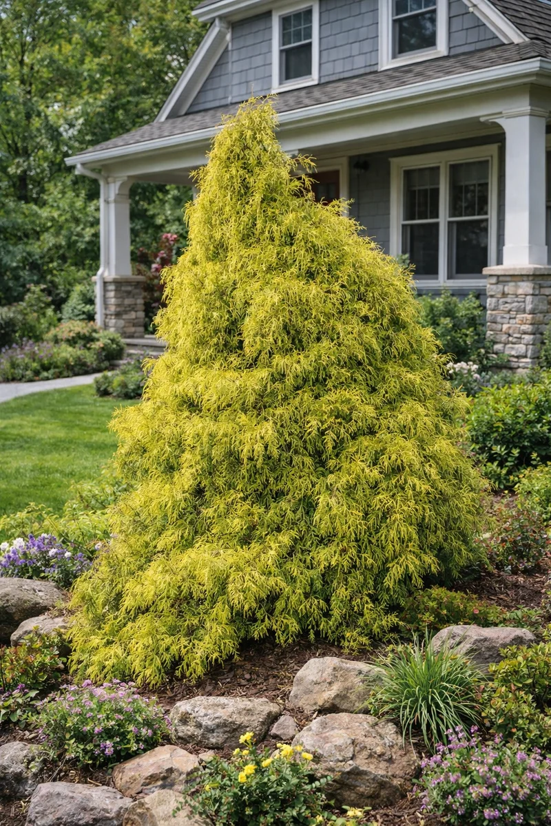 Faux-cyprès doré nain ‘Filifera Aurea Nana’ ( Chamaecyparis pisifera ‘Filifera Aurea Nana’)
