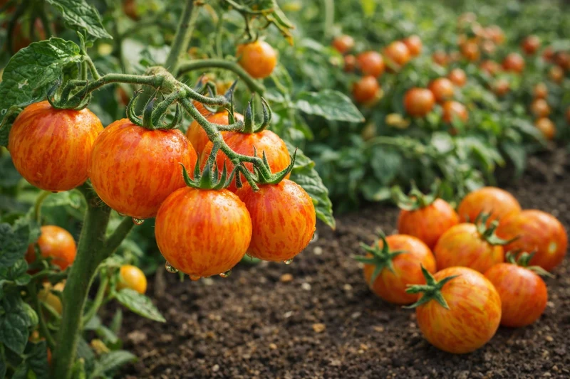 Tomate cerise marbrée ‘Sunrise Bumblebee’ bio ( Solanum lycopersicum ‘Sunrise Bumble Bee’)