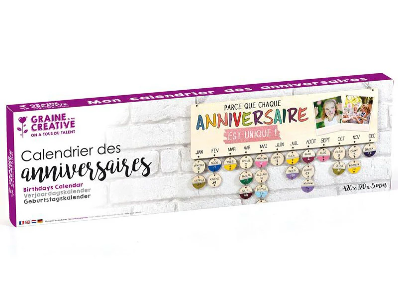 Calendrier des anniversaires en bois 40 x 12 cm