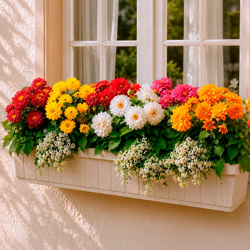 5 Dahlias nains (rouge, rose, blanc, orange, jaune)