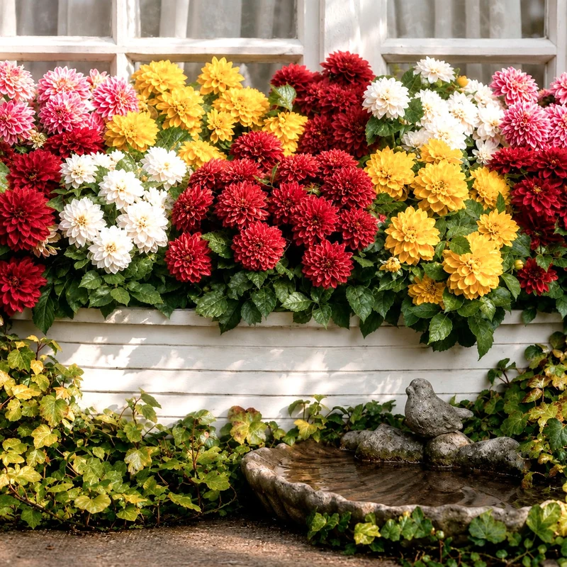 5 Dahlias nains (rouge, rose, blanc, orange, jaune)