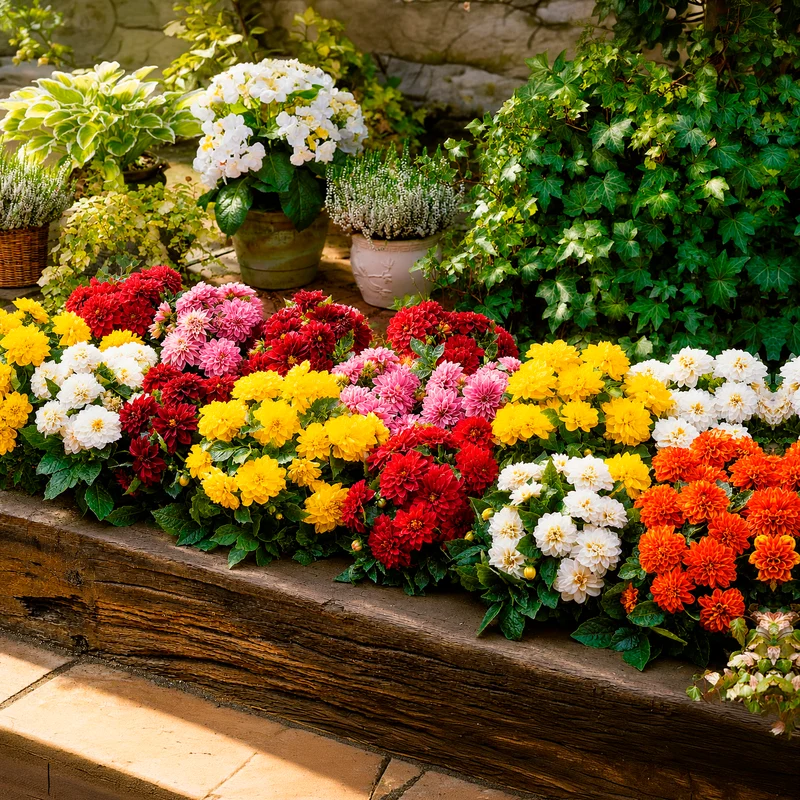 5 Dahlias nains (rouge, rose, blanc, orange, jaune)