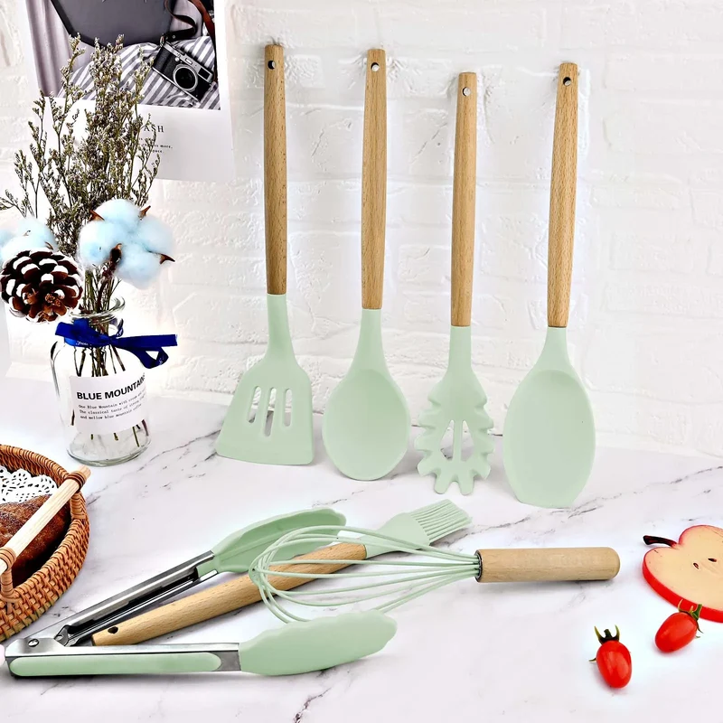 Lot de 12 ustensiles en bois et silicone