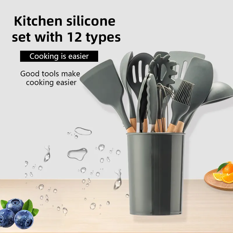 Lot de 12 ustensiles en bois et silicone