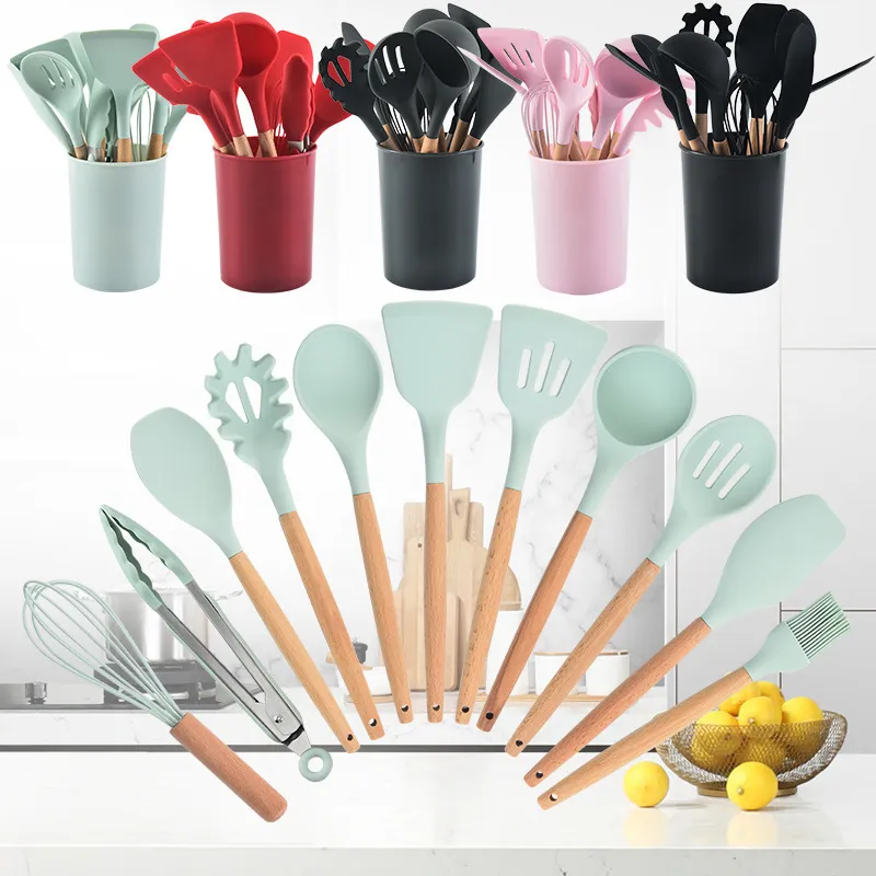 Lot de 12 ustensiles en bois et silicone