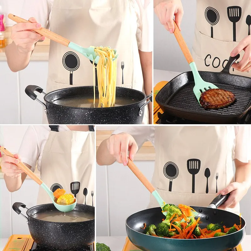 Lot de 12 ustensiles en bois et silicone